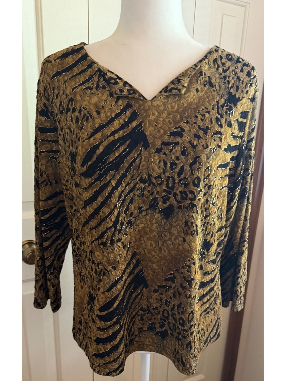 Dressbarn Animal Print Burnout Velvet Top Women Large Brown Black Y2K